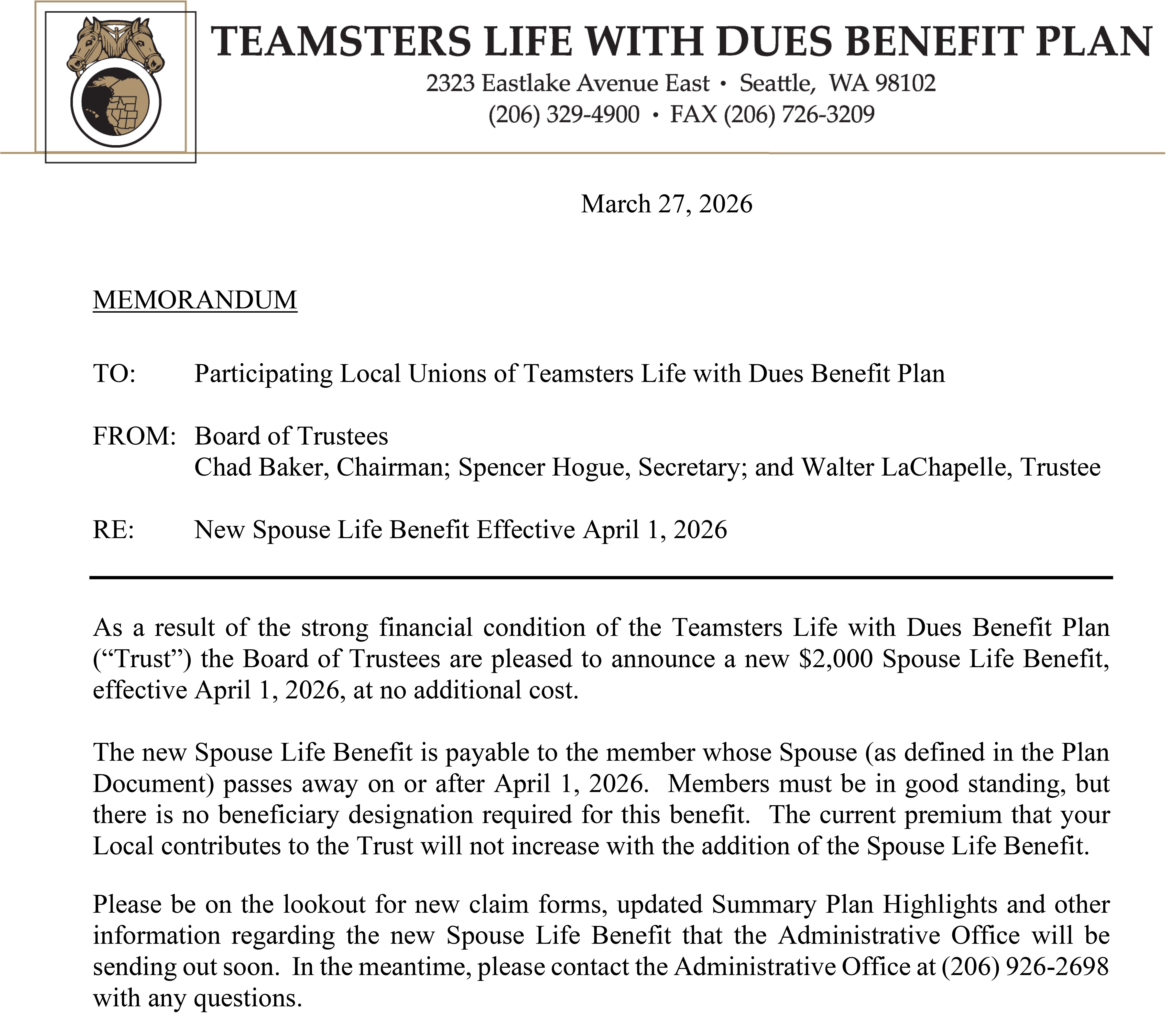 Teamsters Life with Dues Benefit Plan